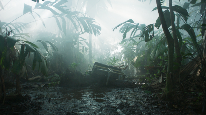 Uma paisagem de floresta tropical densa, úmida e nebulosa. No centro da imagem, sobre o chão lamacento e escuro, veem-se destroços metálicos retorcidos, aparentemente de uma pequena aeronave acidentada. Raios de luz solar filtram através da neblina e das grandes folhas de palmeiras.