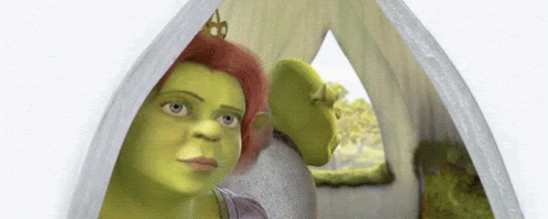 GIF de Fiona, ogra com cabelos vermelhos; Burro, animal cinza e Shrek, ogro careca. Este, que fala interminavelmente e estressa Fiona, a qual apresenta cara de sofrimento, e Shrek, ao aparecer gritando. Todos estão alocados em uma carruagem branca com formato de cebola.