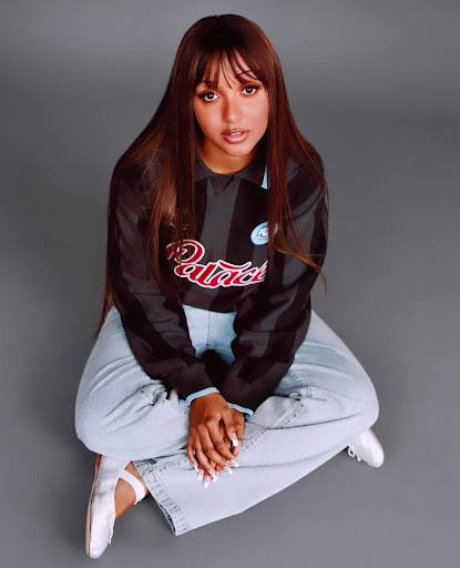 A segunda imagem faz parte de um ensaio fotográfico para a i-D Magazine. PinkPantheress aparece sentada no chão com as pernas cruzadas, diante de um fundo cinza neutro. Ela veste uma camisa preta de manga comprida com o nome “Palace” escrito em vermelho, combinada com uma calça jeans clara e sapatilhas brancas. Seu cabelo é longo, liso e com franja. O olhar é sereno e voltado diretamente para a câmera, transmitindo calma e autenticidade.