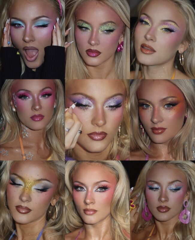 Montagem da cantora Zara Larsson, uma mulher branca de cabelos louros. Na colagem, há diversas fotos da cantora com maquiagens que remetem à era Midnight Sun. A foto contém 9 maquiagens com tons de azul, roxo, rosa, laranja, verde e amarelo marcadas por traços fortes.