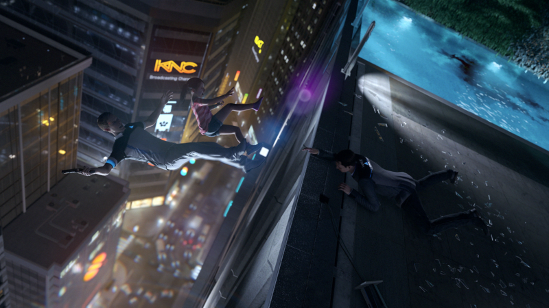 Imagem retangular de uma cena de ação. No cenário do alto de um prédio, o personagem Connor está deitado na beirada, na tentativa de chegar a tempo de salvar dois personagens: um robô e uma menina humana, mas que já estão caindo do prédio. Ao fundo, é possível ver a cidade noturna e iluminada, com outros edifícios e um trânsito movimentado. 