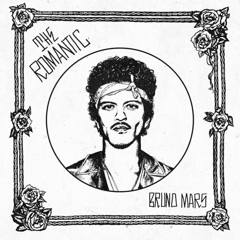 Capa do álbum The Romantic. A imagem apresenta uma gravura do rosto de Bruno Mars, que veste uma faixa na cabeça e um casaco, inserida em uma moldura ornamentada com flores. O título do álbum aparece no canto superior esquerdo, na diagonal, e o nome do artista no canto inferior direito, alinhado na horizontal, ambos escritos com uma fonte de caligrafia urbana.