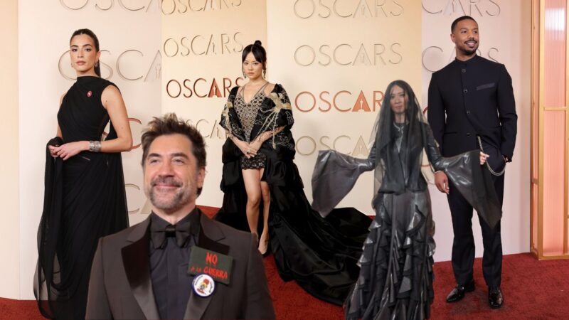 A colagem apresenta alguns trajes no tapete vermelho do Oscar, descrito em um letreiro ao fundo nas cores bege claro e ferrugem. Compondo o primeiro plano da imagem, da esquerda para a direita, estão Saja Kilani em um vestido preto desenhado e drapeado em camadas finas e translúcidas de tecido, Javier Bardem em um terno marrom escuro e gravata borboleta, com dois broches amostra, “Palestina Livre” e “Não à guerra”, Rei Ami, em um vestido que faz referência a cultura coreana, mesclando uma capa preta com detalhes em dourado bordados assim como seu vestido, Chloé Zhao em um conjunto de blazer e saia metalizados em preto e um véu da mesma cor cobrindo da cabeça ao tronco e Michael B. Jordan, usando alta-costura alfaiataria da Louis Vuitton, all black.