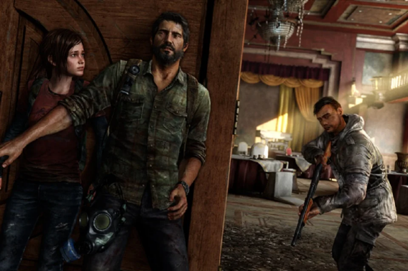 Cena de The Last of Us. Joel e Ellie escondidos atrás de uma porta de madeira em um salão luxuoso e deteriorado. Joel estende o braço para proteger Ellie enquanto observa cautelosamente um inimigo armado com uma espingarda que caminha ao fundo. Joel tem uma máscara de gás pendurada no cinto.