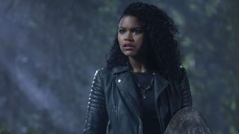 Cena da série Percy Jackson e os Olimpianos. Na imagem, vemos uma jovem negra com cabelos cacheados pretos, usando jaqueta de couro preta e camiseta escura. Ela segura um escudo metálico e está em uma floresta com clima noturno