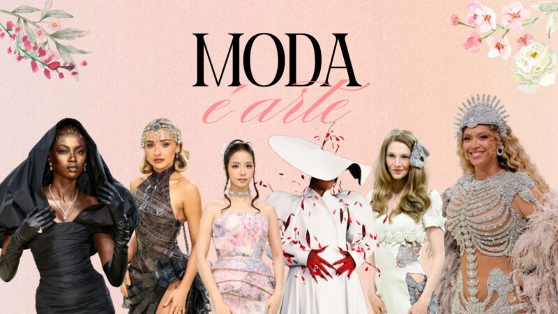 Em um fundo granulado rosa, com cantos superiores preenchidos com flores rosadas, o título centralizado evidencia o dress code do Met Gala deste ano, Moda é Arte. Da esquerda para a direita, Anok Yai, mulher negra com maquiagem dourada e vestido preto com um capuz; Sabrina Carpenter, mulher loira, branca com vestido preto de rolo de fita cinematográfico e adorno de diamantes na cabeça; Jisoo, mulher asiática de cabelo preto e mechas soltas, usando um vestido rosa claro e detalhes em azul; Naomi Osaka, mulher negra asiática com vestido e chapéu branco com detalhes de folhas e luva em vermelho; Hunter Schafer, mulher trans branca, loira, vestida de branco com detalhes florais e pequenas rosas brancas no vestido e um laço em seu cabelo, e Beyoncé, mulher negra, loira usando um adorno semelhante a uma coroa em diamantes e seu vestido que simula um esqueleto também com pedras brilhantes.