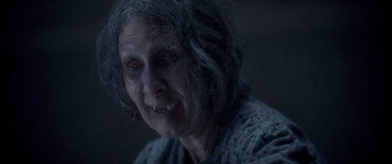 Cena do filme A Morte do Demônio: Em Chamas Na imagem, a personagem Polly está possuída por um demônio. Seus olhos estão amarelados, o cabelo desarrumado e está sem os dentes da frente. Polly é uma mulher idosa, de cabelos curtos e grisalhos. Ela veste um pijama e a fotografia da cena é acinzentada.