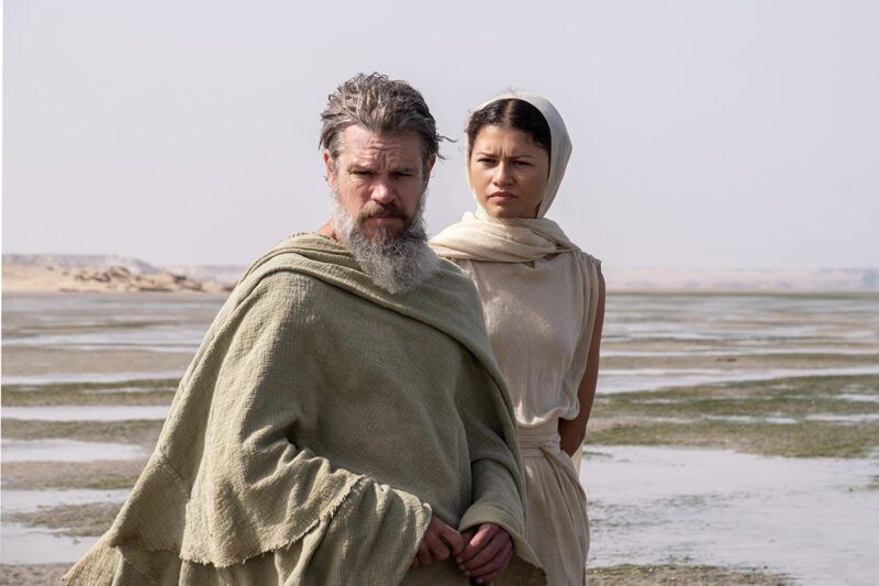 Sob um céu pálido, um homem de barba grisalha e uma jovem com um lenço na cabeça encaram o horizonte com feições tensas e atentas. Ambos vestem trajes rústicos e estão cercados por uma imensa planície desolada de areia úmida, poças rasas e dunas ao longe.
