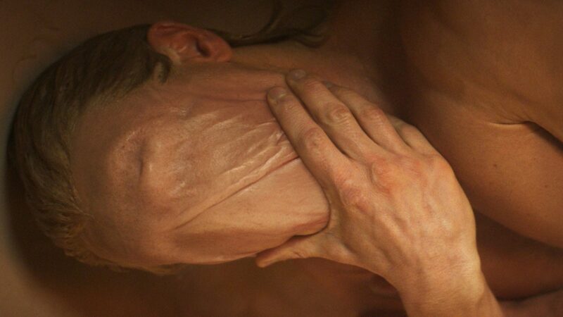 Cena do filme Cara-de-BarroNa imagem, Cara-de-Barro está deitado em uma banheira, mas a foto apenas enquadra seu rosto e um pouco do peitoral. O rosto dele não possui feição, o personagem puxa a pele para baixo, que está com aspecto derretido. Ele possui pele clara, cabelos loiros e lisos, na altura do pescoço. É um homem adulto. 