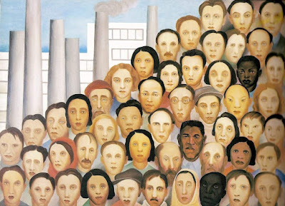 Pintura da artista Tarsila do Amaral com vários rostos diferentes colados um ao outro. No fundo, prédios ficam à mostra. 