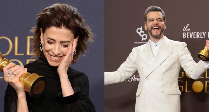 À esquerda, a atriz Fernanda Torres segurando seu prêmio no Golden Globes em um vestido preto, dando ênfase em seu rosto. A direita, Wagner Moura em um terno branco celebrando seu também prêmio no Golden Globes, em uma foto mais afastada. 